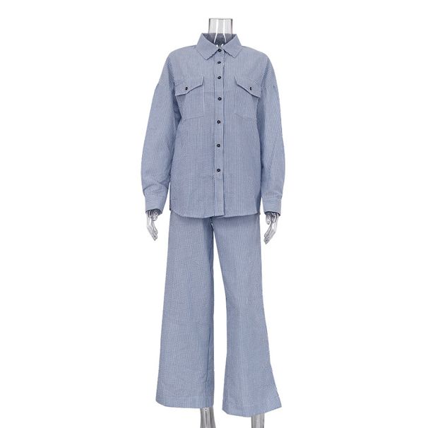 Women's Clothing New Blue Striped Lapel Shirt Long Sleeved Wide Leg Pants Suit Loose Fashion Women's Clothing_ecoleips.com