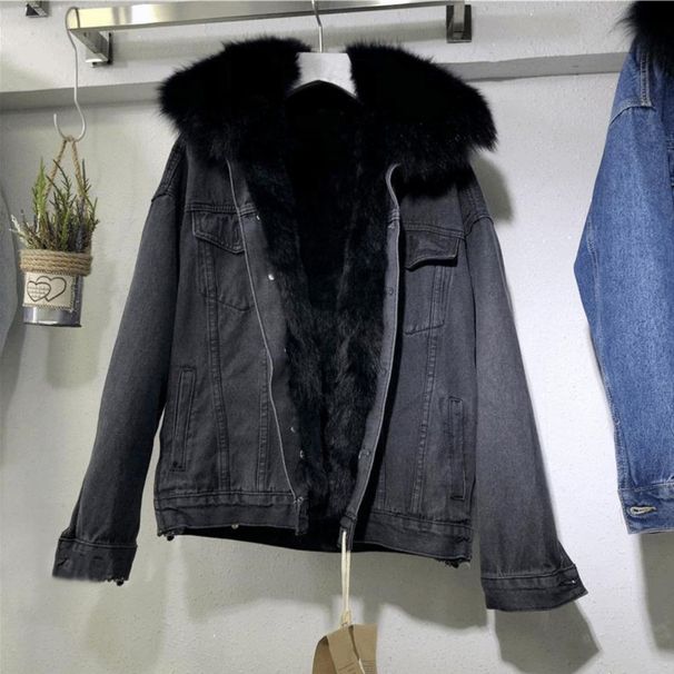 Women's Denim Jacket With Faux Fur Collar, Winter Short Padded Coat, Loose Fit, Thick Warm Fleece Lining, Casual Style_ecoleips.com