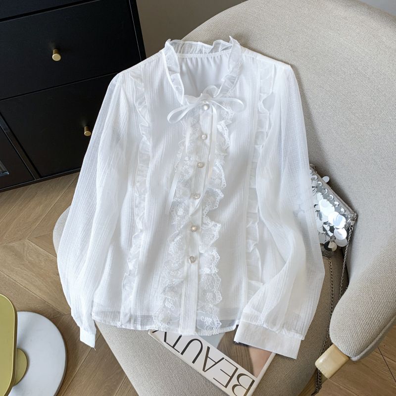 Women's Clothing Sweet Ruffled Bow Shirt Blouse_ecoleips.com
