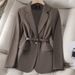 Women's Clothing Elegant Blazer Slim Fit Professional & Casual Jacket With Belt, Stretch Polyester Blend, Versatile Office To Weekend Wear_ecoleips.com