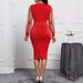 Women's Clothing Solid Color V Neck Mesh Long Sleeve Solid Color Elegant Slim Hip Dress_ecoleips.com