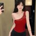 Dopamine-style Versatile Slim-fit Diamond-embellished One-shoulder Camisole For Women, Unique Super Stylish Summer Top_ecoleips.com