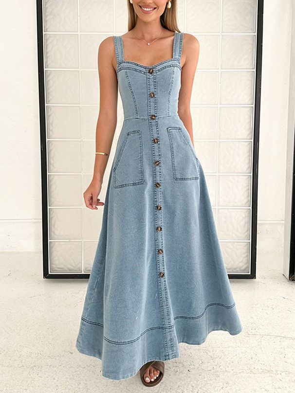 New Denim Mid Length Dress Suspenders Backless Temperament Commuter Long Skirt_ecoleips.com