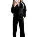 Women's Style Autumn Winter Color Block Fleece Lined Coat High Waist Trousers Two Piece Set Best Selling_ecoleips.com