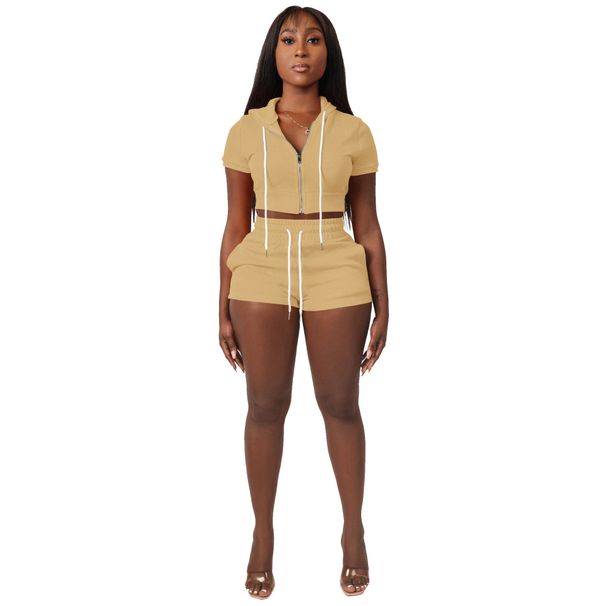 Women's Clothing Zip Up Cardigan Solid Color Short Top With Hood Two Piece Set_ecoleips.com