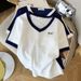 Women's Clothing Summer New Design V Neck Contrast Color Short Sleeved T Shirt Ice Silk Knit Sweater Tops For Women_ecoleips.com