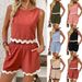 Women's Clothing Two Piece Linen Lace Round Neck Vest Short Top Shorts_ecoleips.com