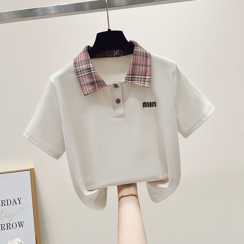 Women's Stylish Color Block Plaid Polo Collar Top With Bow Tie Wide Leg Jeans Set Short Sleeved Suit_ecoleips.com