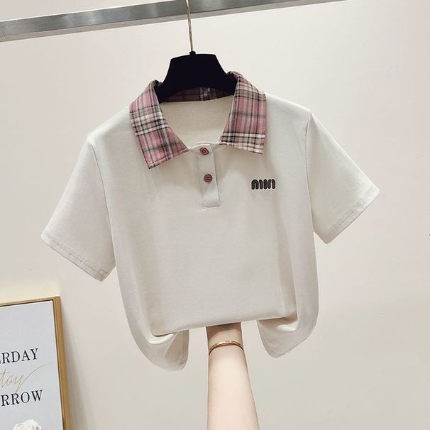 Women's Stylish Color Block Plaid Polo Collar Top With Bow Tie Wide Leg Jeans Set Short Sleeved Suit_ecoleips.com