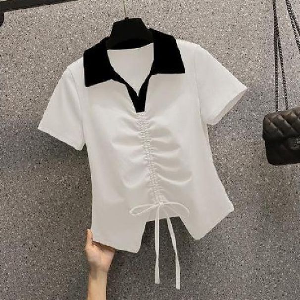 Women's Clothing Fashion Slim Irregular Drawstring Contrast Color T Shirt Top_ecoleips.com