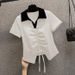 Women's Clothing Fashion Slim Irregular Drawstring Contrast Color T Shirt Top_ecoleips.com