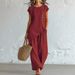 Women's Bohemian Two-Piece Set Round Neck Button Down Short Sleeve Top And Wide Leg Pants Beach Vacation_ecoleips.com