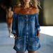 Women's Vintage Denim Overalls Shorts Off-Shoulder Long Sleeve Jumpsuit Retro Washed Loose Fit_ecoleips.com