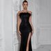 Elegant Feather & Sequin Strapless Evening Gown – High-Slit Side Split Prom Dress For Parties & Galas (Black/White/Nude/Blue/Red, Sizes Xxs-L)_ecoleips.com