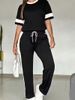 Trendy Contrast-Stripe Lounge Set – Women's Short-Sleeve T-Shirt & Elastic Waist Pants (S-XXL) | Breathable Cotton Blend Two-Piece Outfit_ecoleips.com