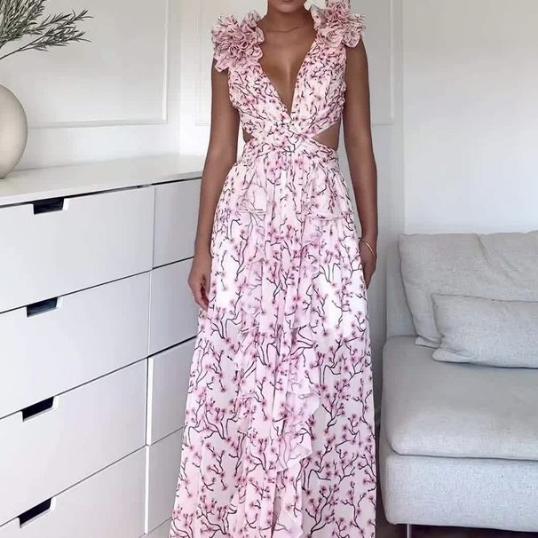  Floral Backless Wrap Dress – High Waist A-Line Summer Dress For Women, Casual Boho Chic Dress With V-Neck, Sleeveless Long Dress_ecoleips.com