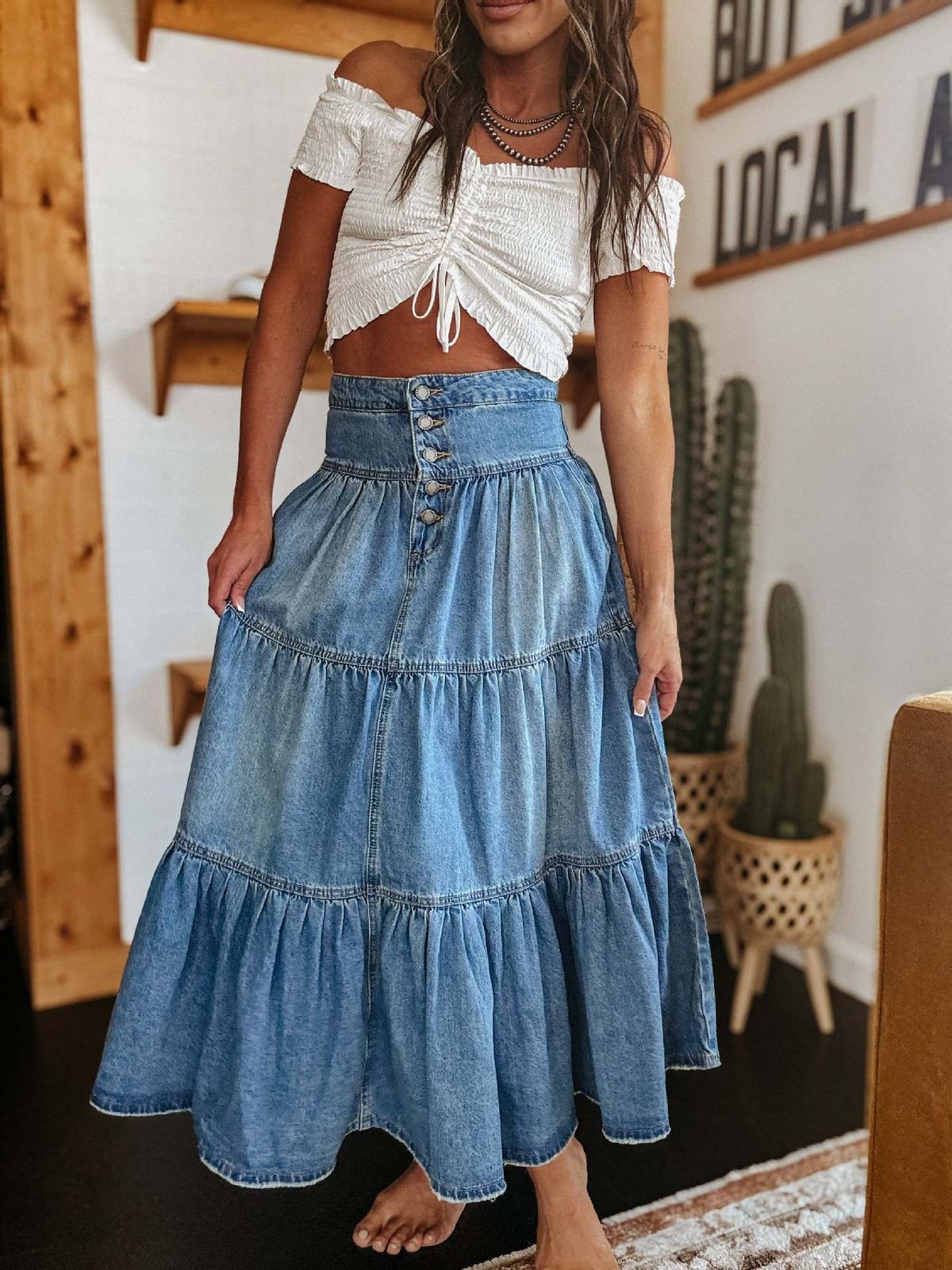 Women's Clothing New Products Bohemian A Line Layered Cake Denim Skirt_ecoleips.com