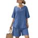 Women's 2 Piece Loose Fit V Neck Short Sleeve Linen Top And 5/8 Straight Leg Pants Set – Casual Resort Outfit For Summer_ecoleips.com