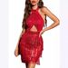 Sexy Fringe Halter Backless Mini Dress For Women, Sequin A-Line Party Club Dress With Slit_ecoleips.com