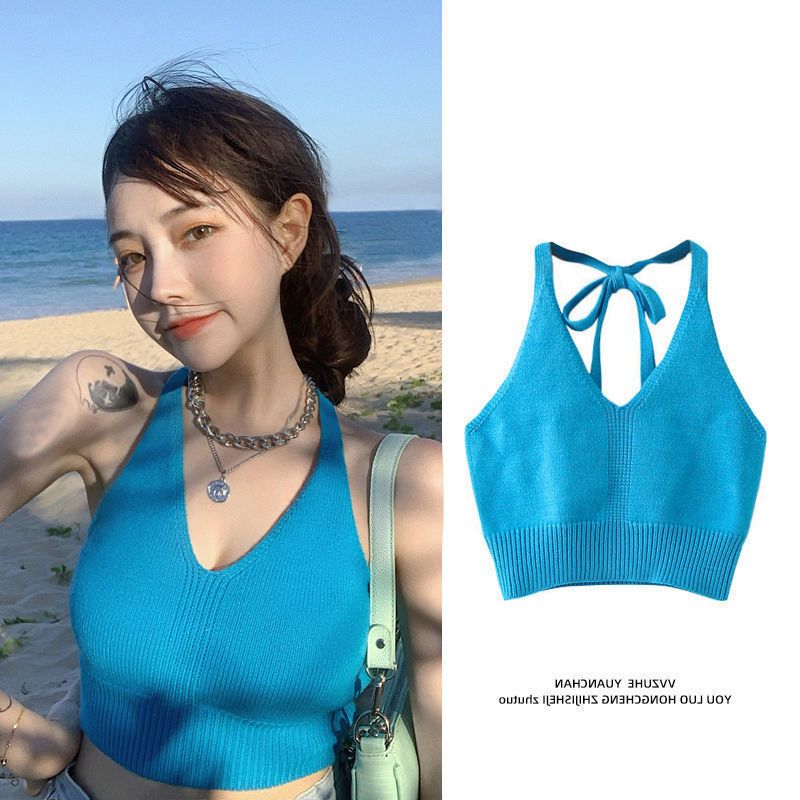 Black Base Layer Halter Neck Tank For Women, Summer New Style, Knitted, European And American Short Top_ecoleips.com