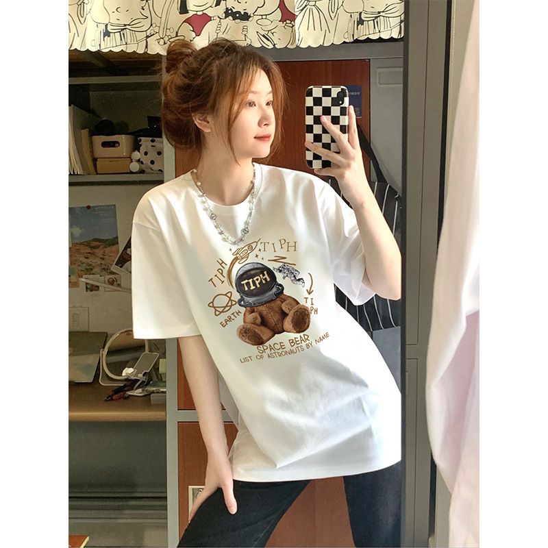 Cartoon Bear Girl T-shirt Spring New 2026 Summer Short-sleeved Small Design Sense Niche White Top_ecoleips.com