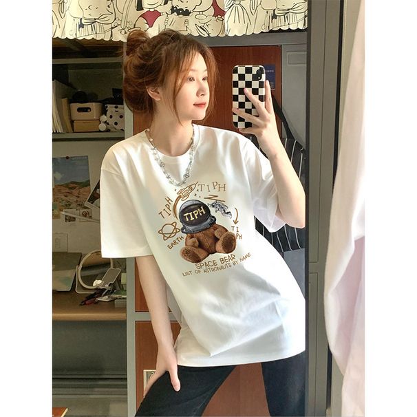 Cartoon Bear Girl T-shirt Spring New 2026 Summer Short-sleeved Small Design Sense Niche White Top_ecoleips.com