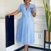 Women's Clothing Summer V-neck Fashion Short Sleeve Solid Color Flower Pleated Dress_ecoleips.com