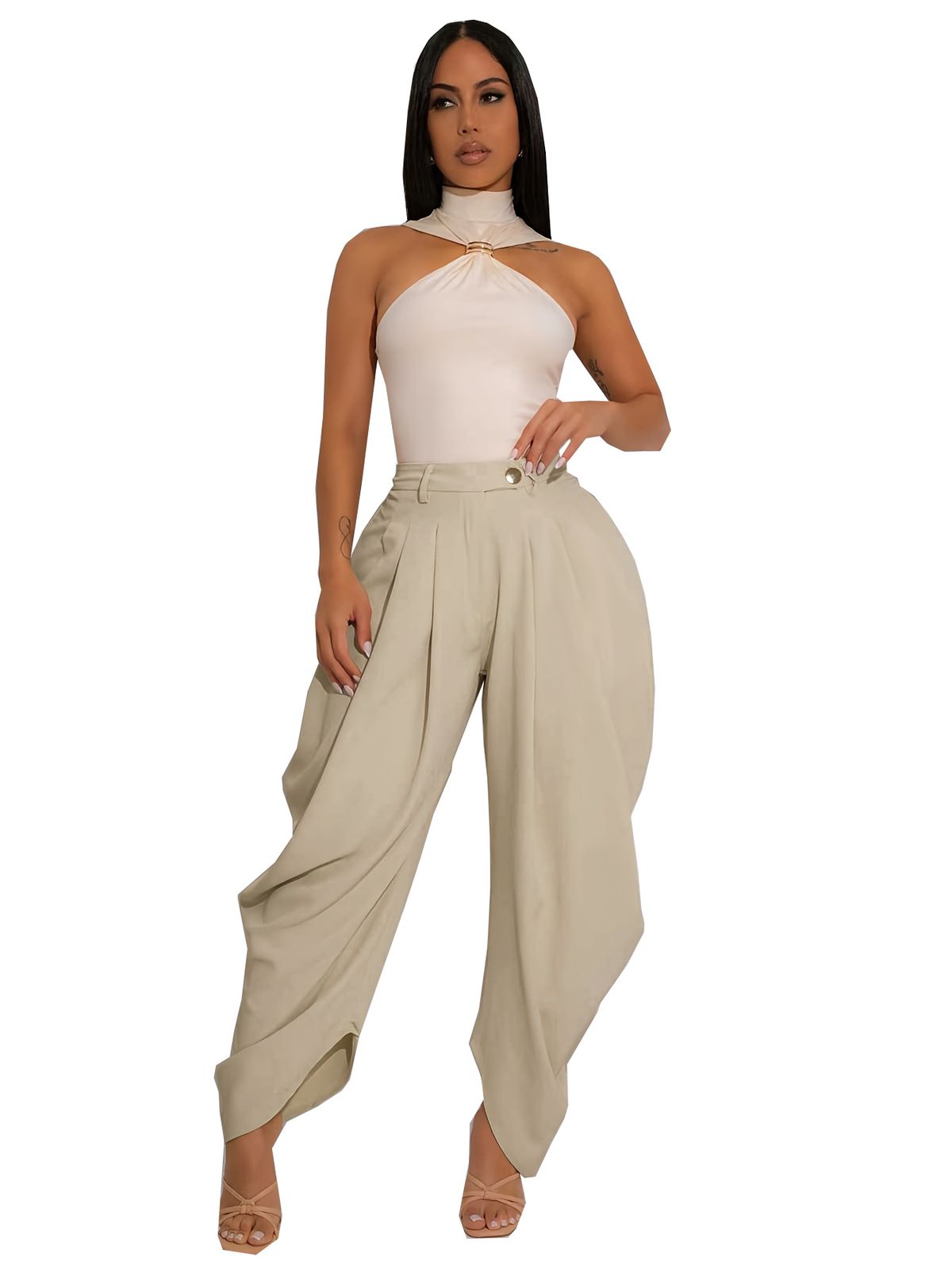 TW795 Women's Solid Color Flower Bud Casual Pants Sexy Urban Multi Fold Independent Station Casual Bottoms_ecoleips.com