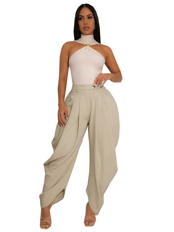 TW795 Women's Solid Color Flower Bud Casual Pants Sexy Urban Multi Fold Independent Station Casual Bottoms_ecoleips.com