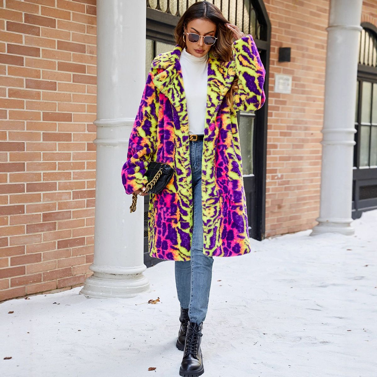 Bold Color-Block Faux Fur Coat With Leopard Print – Hooded Longline Jacket For Women (Rainbow Leopard, S-XXL)_ecoleips.com