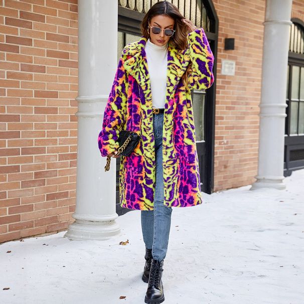 Bold Color-Block Faux Fur Coat With Leopard Print – Hooded Longline Jacket For Women (Rainbow Leopard, S-XXL)_ecoleips.com