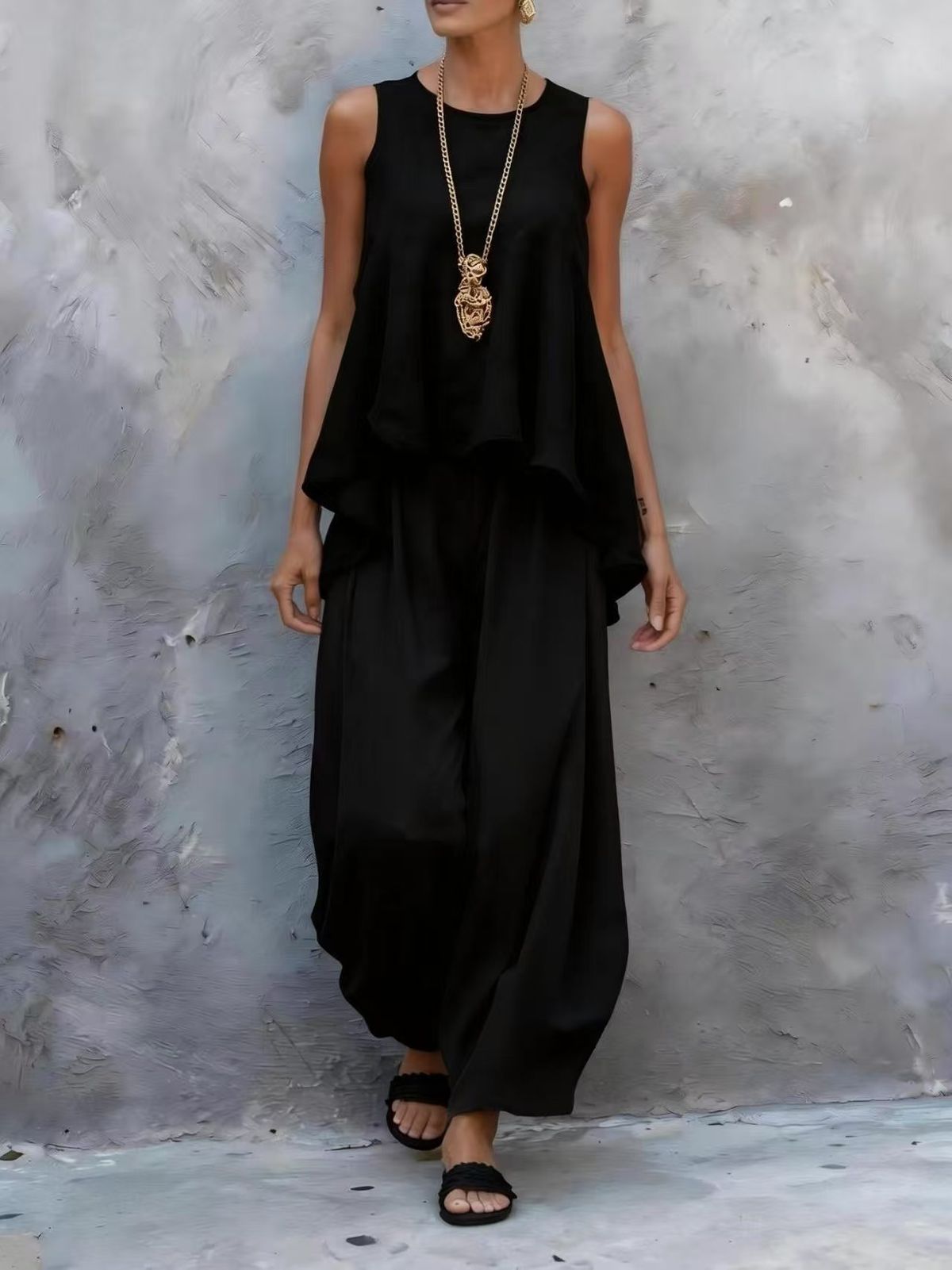 Women's Summer Casual Fashion Sleeveless Wide Leg Pants Set New European American Style Two Piece Trendy Cross Border_ecoleips.com