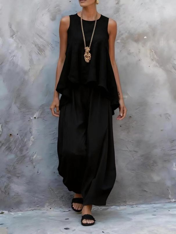 Women's Summer Casual Fashion Sleeveless Wide Leg Pants Set New European American Style Two Piece Trendy Cross Border_ecoleips.com