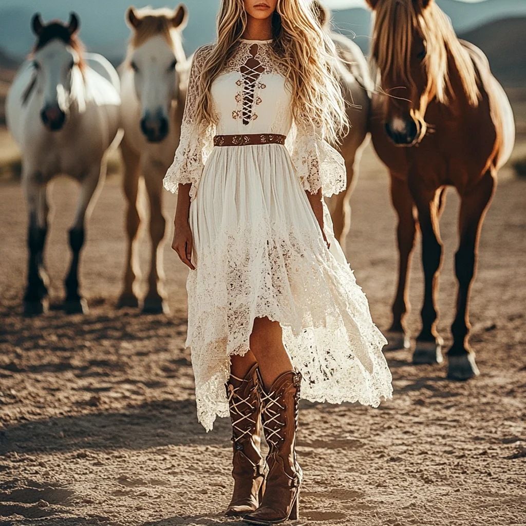 New Cross-border Independent Station Women's Vintage Bohemian Lace Trim Slim-fit Long Dress_ecoleips.com