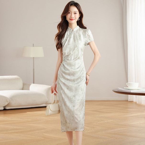 Real Shot "Bamboo Shadow Breeze 2025" - High-end, New Spring Model Of Chinese-style Printed Cheongsam Dress With A Slit_ecoleips.com