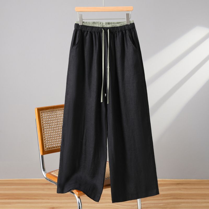 High Waisted Patchwork Cotton Linen Straight Leg Pants Loose Fit Casual Slimming Long Trousers For Women Spring Summer New Style_ecoleips.com