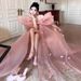Blush Pink Off-Shoulder Chiffon Dress With Bow Accents, Ethereal Bridal Robe For Engagement Party & Birthday Celebration_ecoleips.com