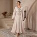 Elegant Gold-Embroidered Kaftan Dress – V-Neck Ribbon Detail Middle Eastern Muslim Abaya (Apricot, M-XL)_ecoleips.com