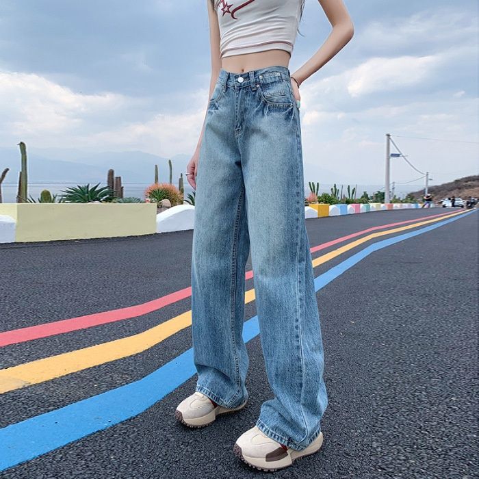 2025 Spring/Summer New American Retro Washed Loose Straight-Leg Jeans For Women, Versatile Draped Wide-Leg Pants_ecoleips.com