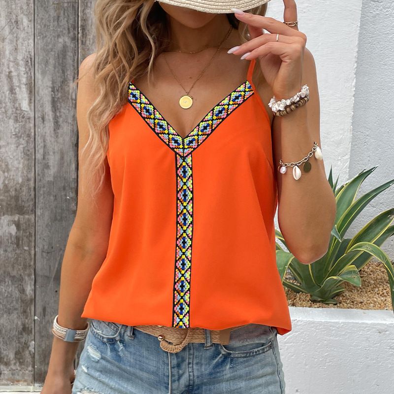 Women's Color Block Sleeveless Cami Top - Summer Contrast Trim Tank With Adjustable Straps_ecoleips.com