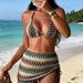 Women 3 Piece Crochet Bikini Set, Halter Triangle Top + High Cut Bottom + Drawstring Cover Up Skirt, Striped Knit Swimsuit For Beach Vacation_ecoleips.com