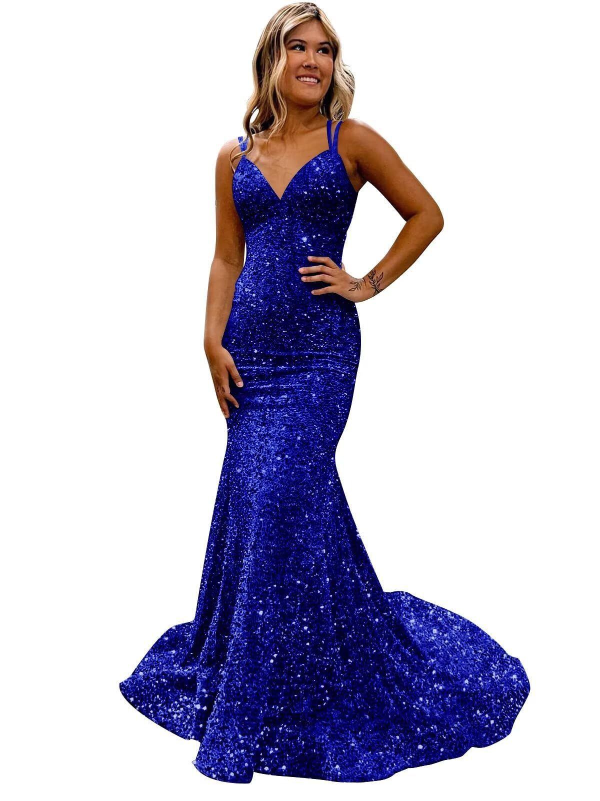 Sequined Ball Gown Slim Hip Wrapped Fishtail Small Trailing Evening Gown Spaghetti Straps V Neck Party Dress_ecoleips.com