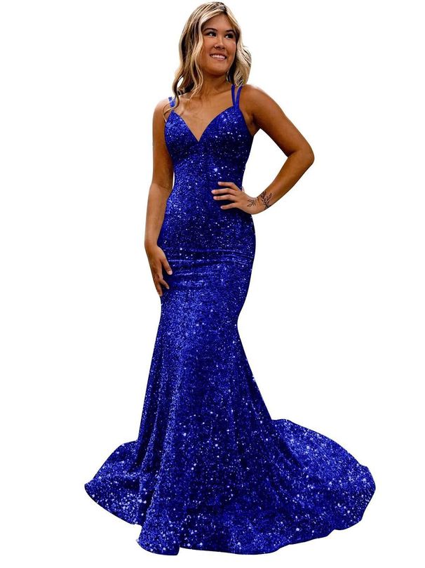 Sequined Ball Gown Slim Hip Wrapped Fishtail Small Trailing Evening Gown Spaghetti Straps V Neck Party Dress_ecoleips.com