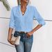 Elegant Boho V-Neck Long Sleeve Blouse Lace-Up Detachable Brooch Blue White Women's Top_ecoleips.com