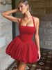 Hugcitar 2025 Elegant Women Sexy Slim Dress Red Halter Backless Bandage Pleated Mini Dresses Evening Party Birthday Festival Y2K_ecoleips.com
