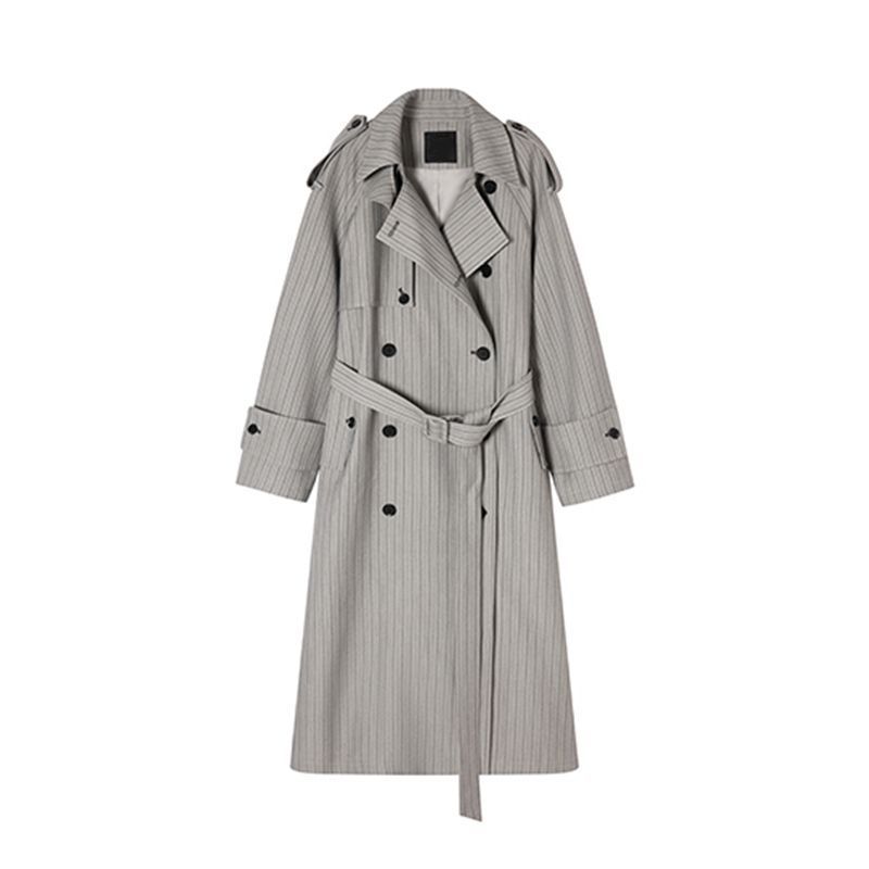 Women's Gray Stripe Trench Coat, Double-Breasted Belted Long Jacket, Korean Style Office & Casual Mid-Length Coat_ecoleips.com
