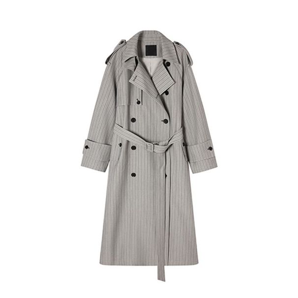 Women's Gray Stripe Trench Coat, Double-Breasted Belted Long Jacket, Korean Style Office & Casual Mid-Length Coat_ecoleips.com