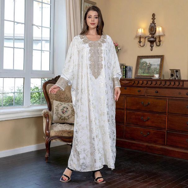 ZD101ins Muslim V-neck Evening Dress Chiffon Gold Foil Two-piece Women's Robe Abaya_ecoleips.com