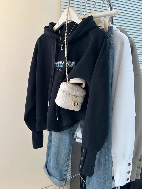 real-shot Composite Button Hooded Embroidered Sweatshirt For Women, Spring And Autumn Thin Loose-fitting_ecoleips.com