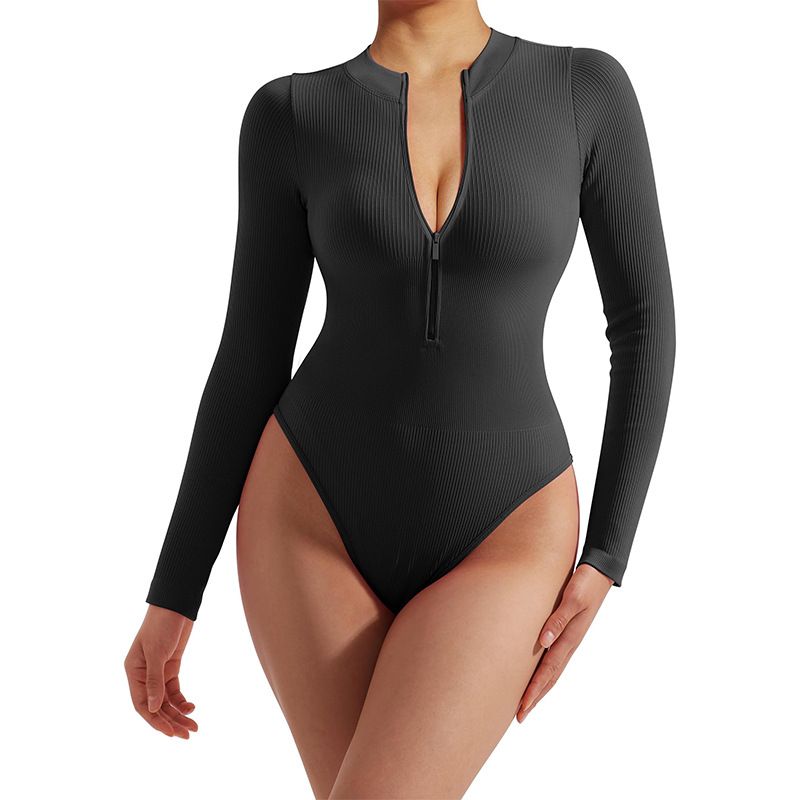 Women's Clothing No Chest Pad Seamless Zipper Long Sleeved Yoga Suit Casual Sports Jumpsuit Threaded Body Shaper Custom_ecoleips.com